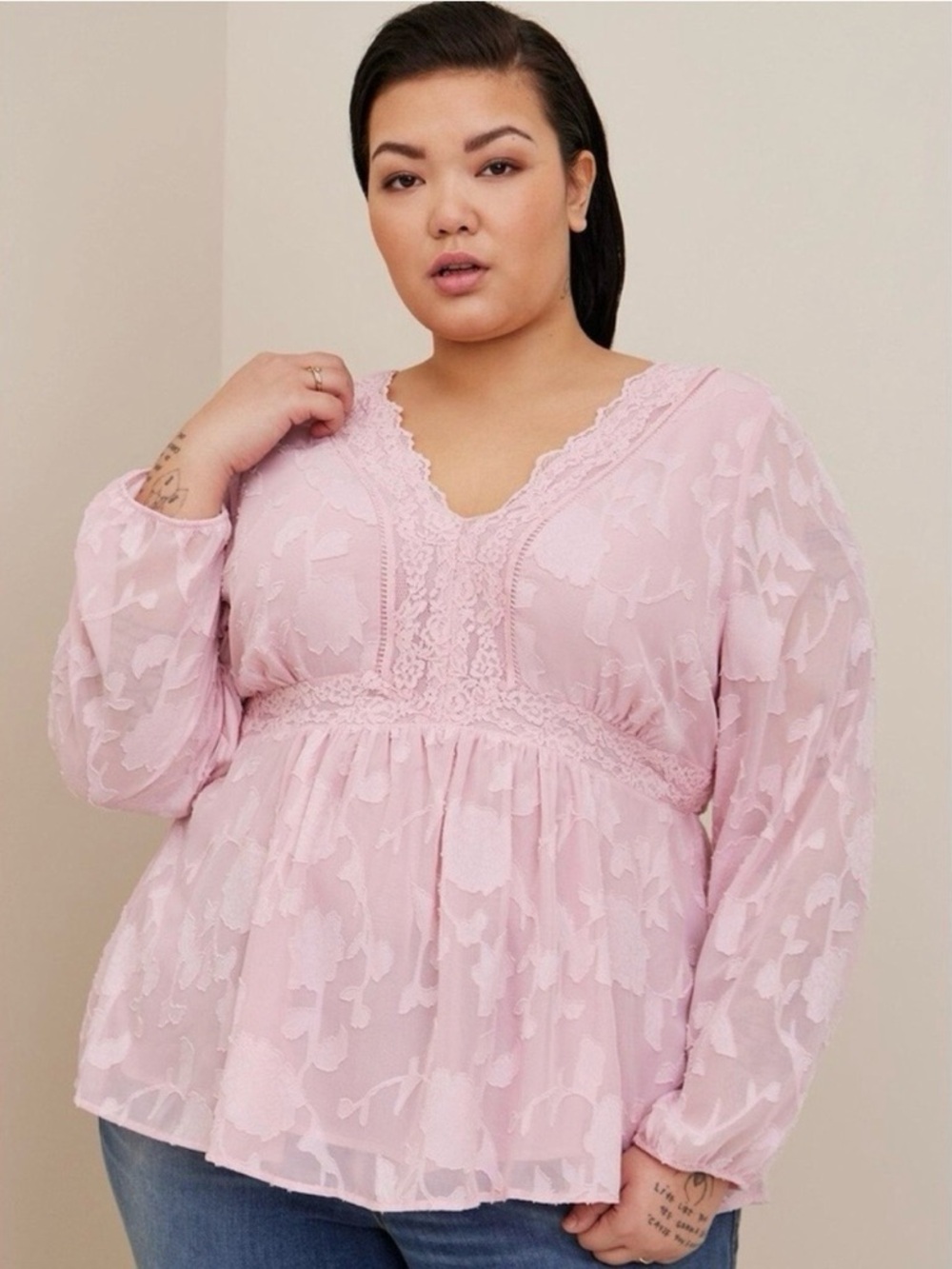 Torrid Pink Babydoll Long Sleeve Peplum Blouse